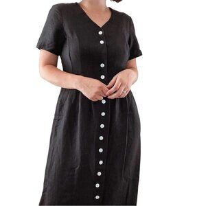 Orvis Black Linen Button Front V Neck Maxi Dress Size 16p